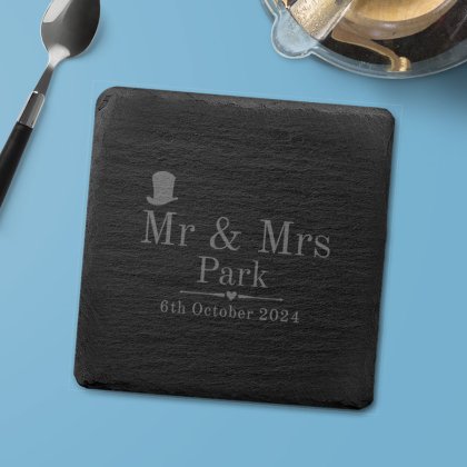 Engraved Mr and Mrs Slate Coasters - Decorative Wedding