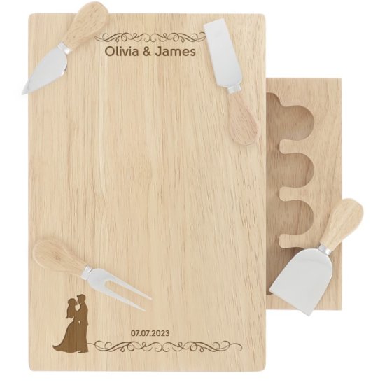 Engraved Large Rectangular Wooden Wedding Cheeseboard Set - Bride and Groom