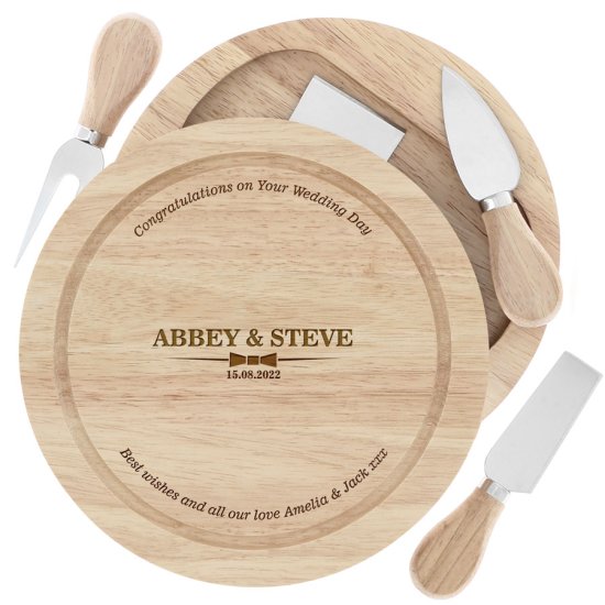 Engraved Wedding Wooden Cheese Board Set - Classic Bow Tie Bride and Groom