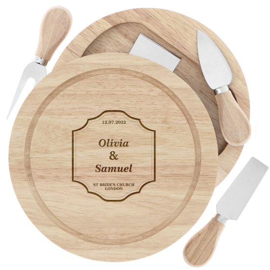 Engraved Classic Wedding Wooden Cheese Board Set - Bride and Groom