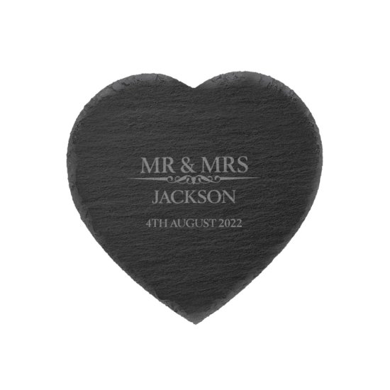 Heritage Wedding Mr and Mrs Personalised Slate Heart Coaster Set