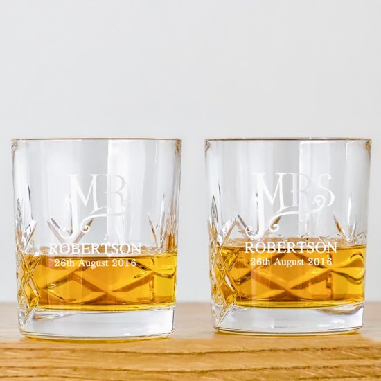Personalised Dotty Mr and Mrs Cut Glass Tumbler Set