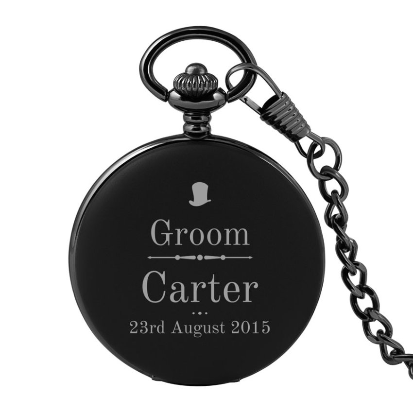 Personalised Black Pocket Watch Groom Top Hat