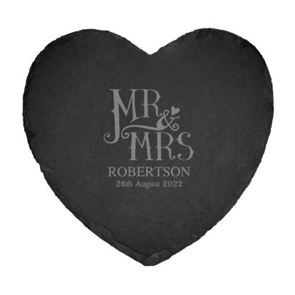 Engraved Dotty Mr and Mrs Heart Slate Cheeseboard