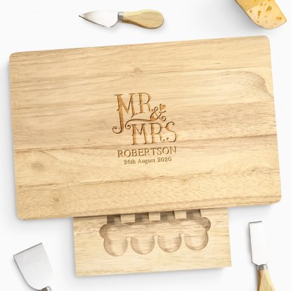 Engraved Dotty Mr and Mrs Large Wooden Cheese Board Set