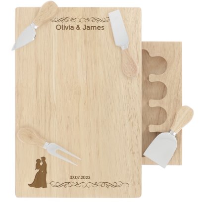 Engraved Large Rectangular Wooden Wedding Cheeseboard Set - Bride and Groom