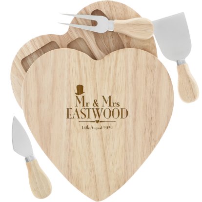 Engraved Mr and Mrs Heart Cheese Board Set - Decorative Wedding