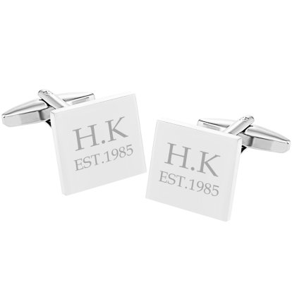 Personalised Rhodium Plated Square Cufflinks - Initials and Date