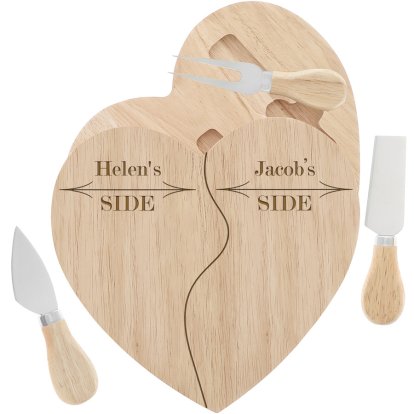 Engraved Wooden Heart Cheese Board Set - My Side and Your Side