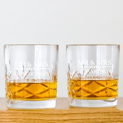 Heritage Wedding Mr and Mrs Personalised Cut Whisky Glasses