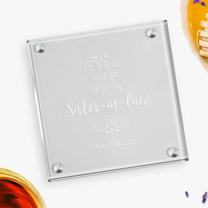 I Am So Glad That You’re My... Engraved Square Glass Coaster Set