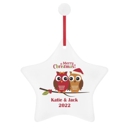 Personalised Ceramic Star Tree Decoration - Christmas Owls