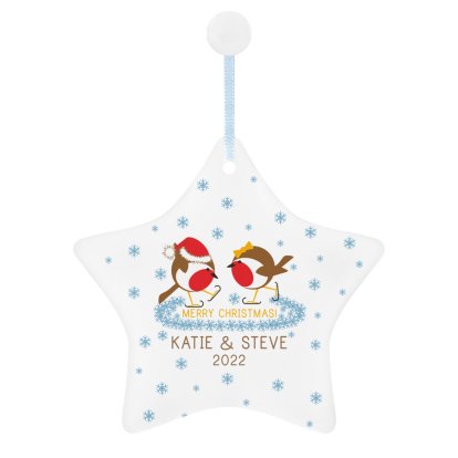 Personalised Ceramic Star Tree Decoration - Christmas Robins