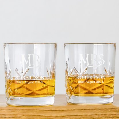 Personalised Dotty Mr and Mrs Cut Glass Tumbler Set