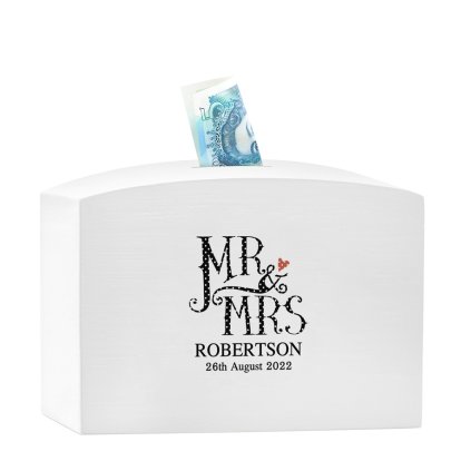 Personalised Dotty Mr and Mrs White Wooden Money Box