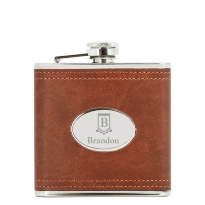 Personalised Double Stitch Brown Hip Flask - Initial & Name