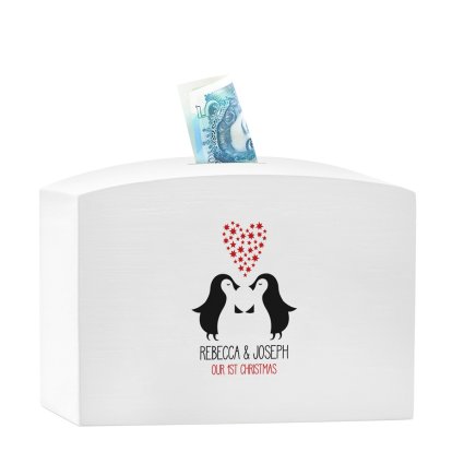 Personalised Loving Penguins White Money Box