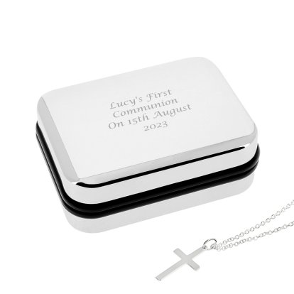 Engraved Box With Silver Finish Cross Necklace 