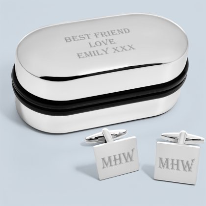 Engraved Rhodium Plated Cufflinks with Engraved Case