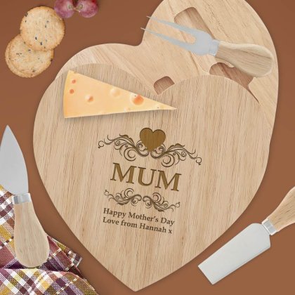 Engraved Wooden Heart Cheese Board Set - Hearts and Swirl