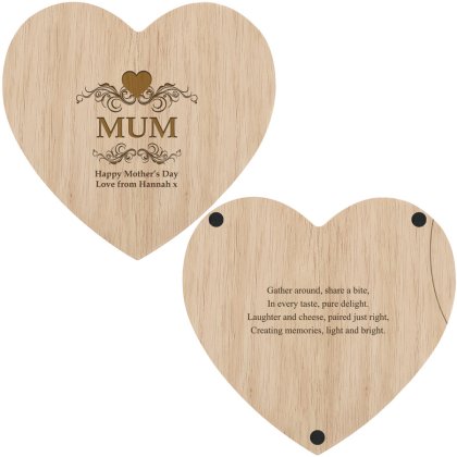 Engraved Wooden Heart Cheese Board Set - Hearts and Swirl