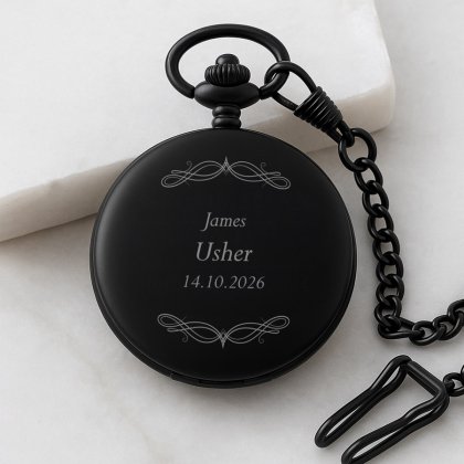 Personalised Black Pocket Watch - Usher Swirl Photo 2