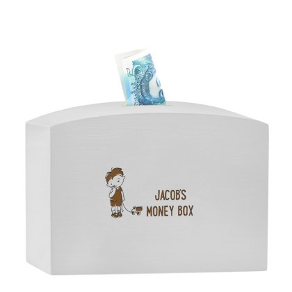 Personalised Boy's Large Wooden Money Box - Grey