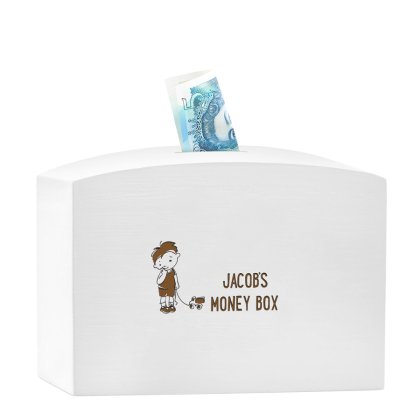 Personalised Boy's Large Wooden Money Box - White