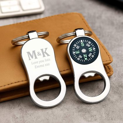 Personalised Compass Keyring and Bottle Opener - Initials and Message