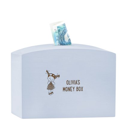 Personalised Girl's Large Wooden Money Box - Blue