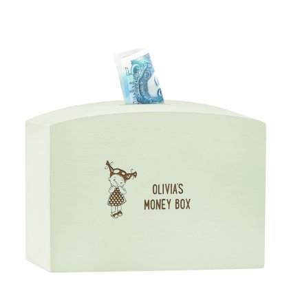Personalised Girl's Large Wooden Money Box - Green