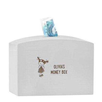 Personalised Girl's Large Wooden Money Box - Grey