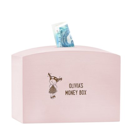 Personalised Girl's Large Wooden Money Box - Pink