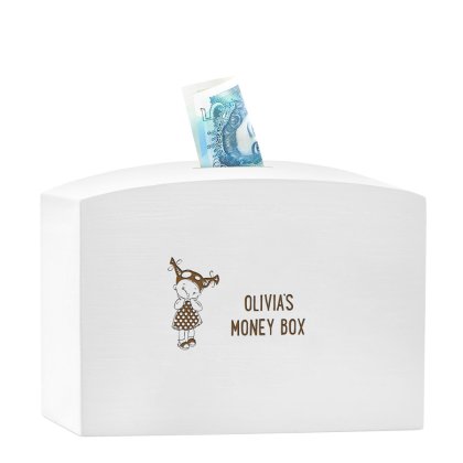 Personalised Girl's Large Wooden Money Box - White