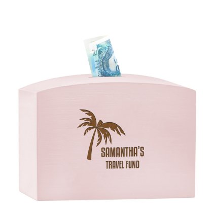 Personalised Large Wooden Money Box - Travel Fund - Pink