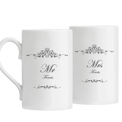 Personalised Mrs and Mrs Mug Set - Ornate Swirl Design