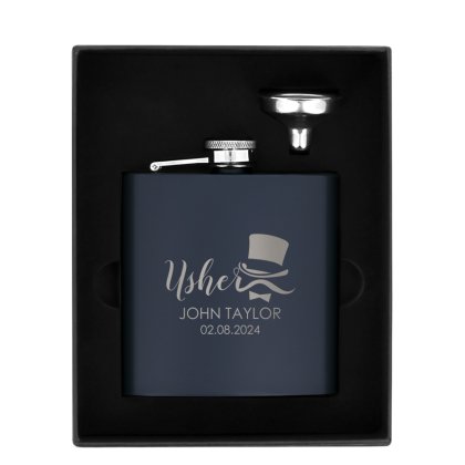 Usher's Personalised Black Hip Flask - Navy