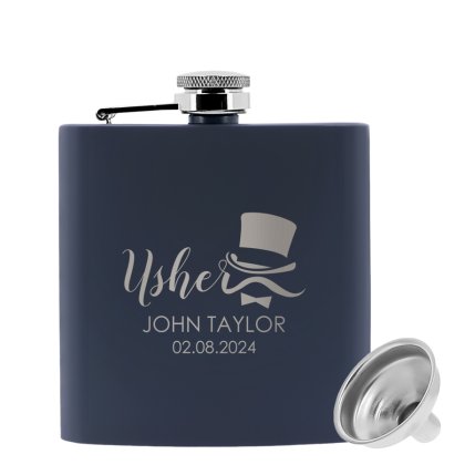 Usher's Personalised Black Hip Flask - Navy